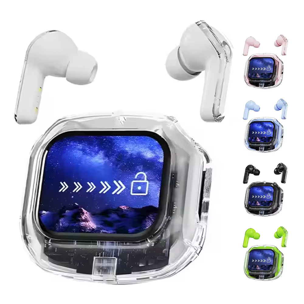 Wireless earbuds with charging case and multiple device screens displayed.